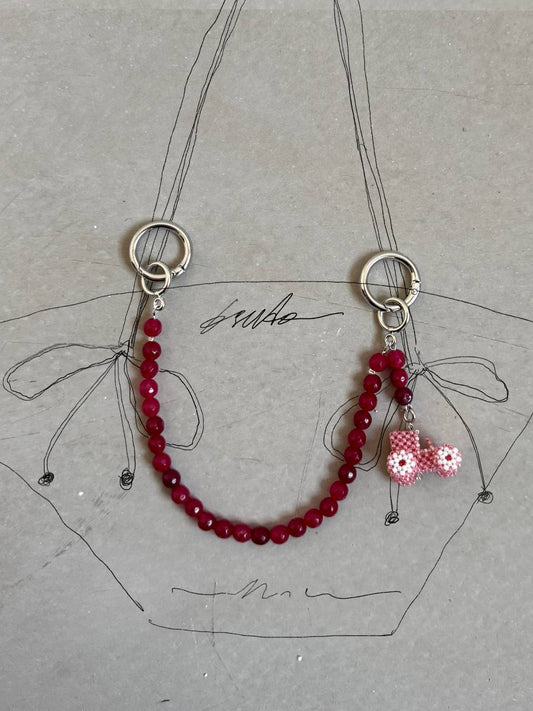 Keychain with 2 clasps and a tractor (cranberry)